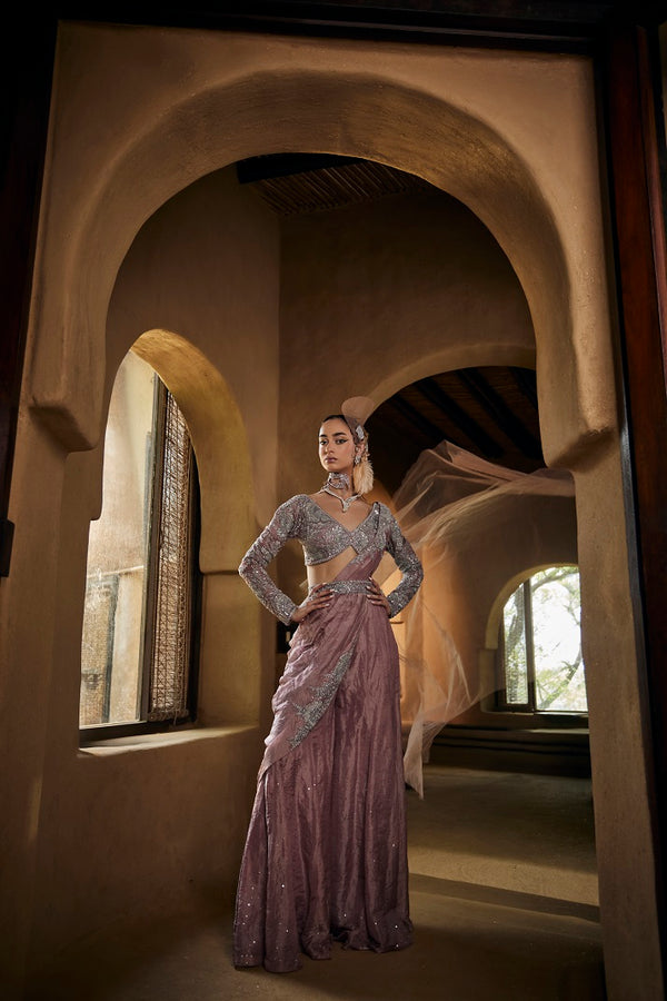 Lavender silk tissue blouse with pre pleated drape,waistbelt and tissue flare pants